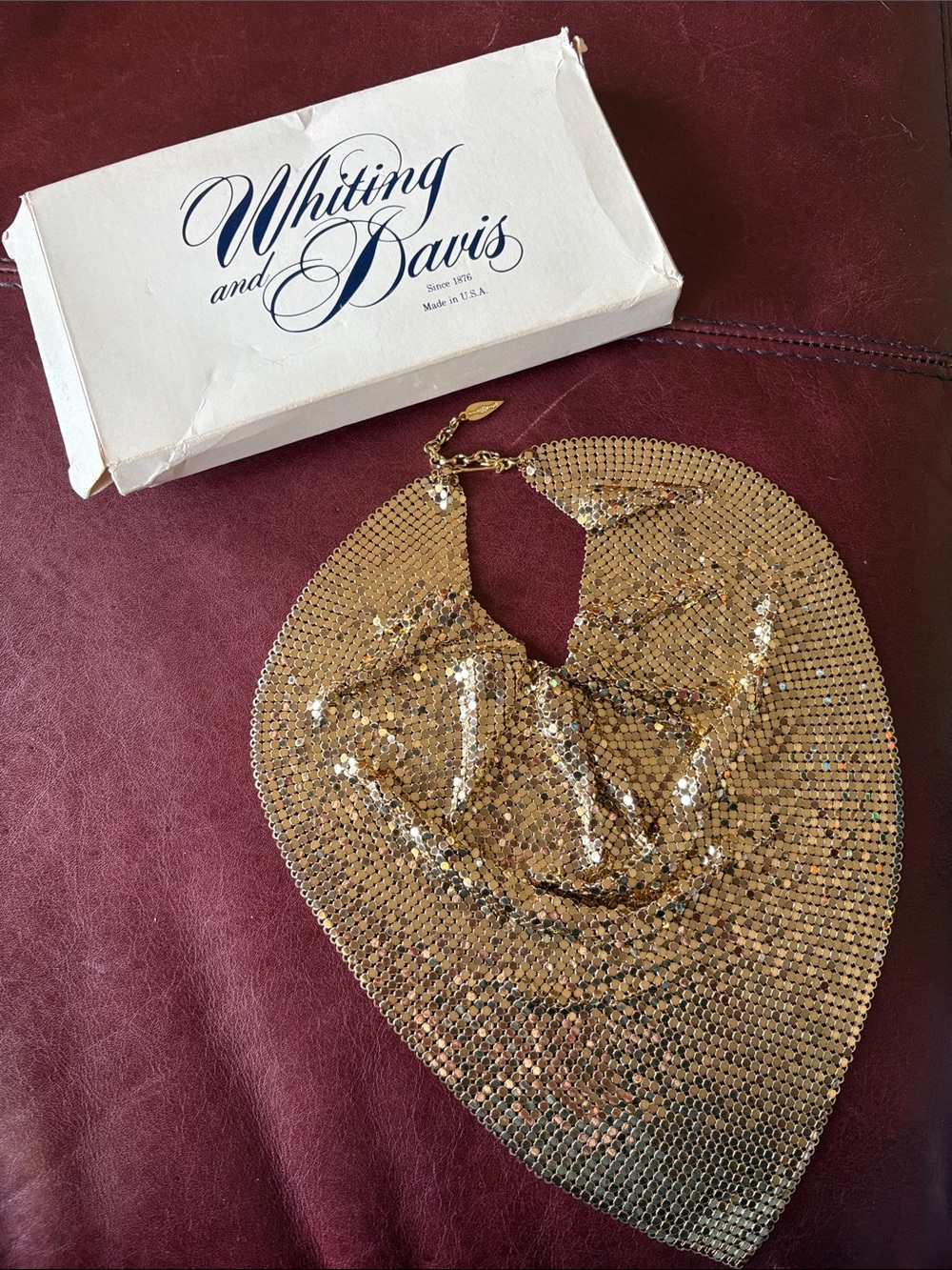 1970s Vintage Whiting & Davis Gold Liquid Metal Mesh Statement Bib Necklace